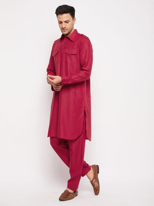 Men's Maroon Cotton Blend Pathani Kurta Set