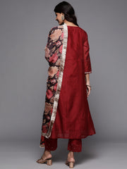 Women embroidered chanderi kurta paired with embroidered trousers and digital printed dupatta