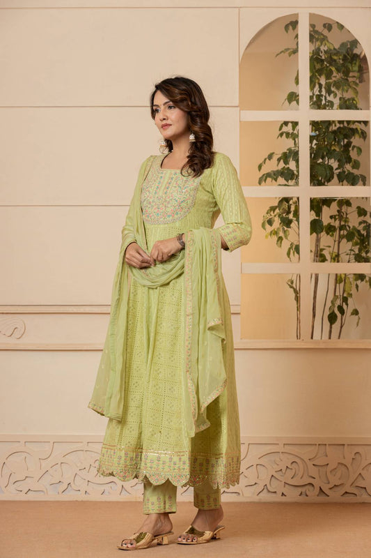 Women Lime Green Mirror And Thread Embroidered,Gotta Embellished Scalloped Schiffli Anarkali Kurta Paired Wirh Printed Bottom And Embroidered Dupatta