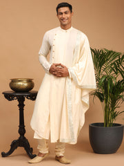 Men's Cream Viscose Blend Kurta Pyjama Set With Dupatta