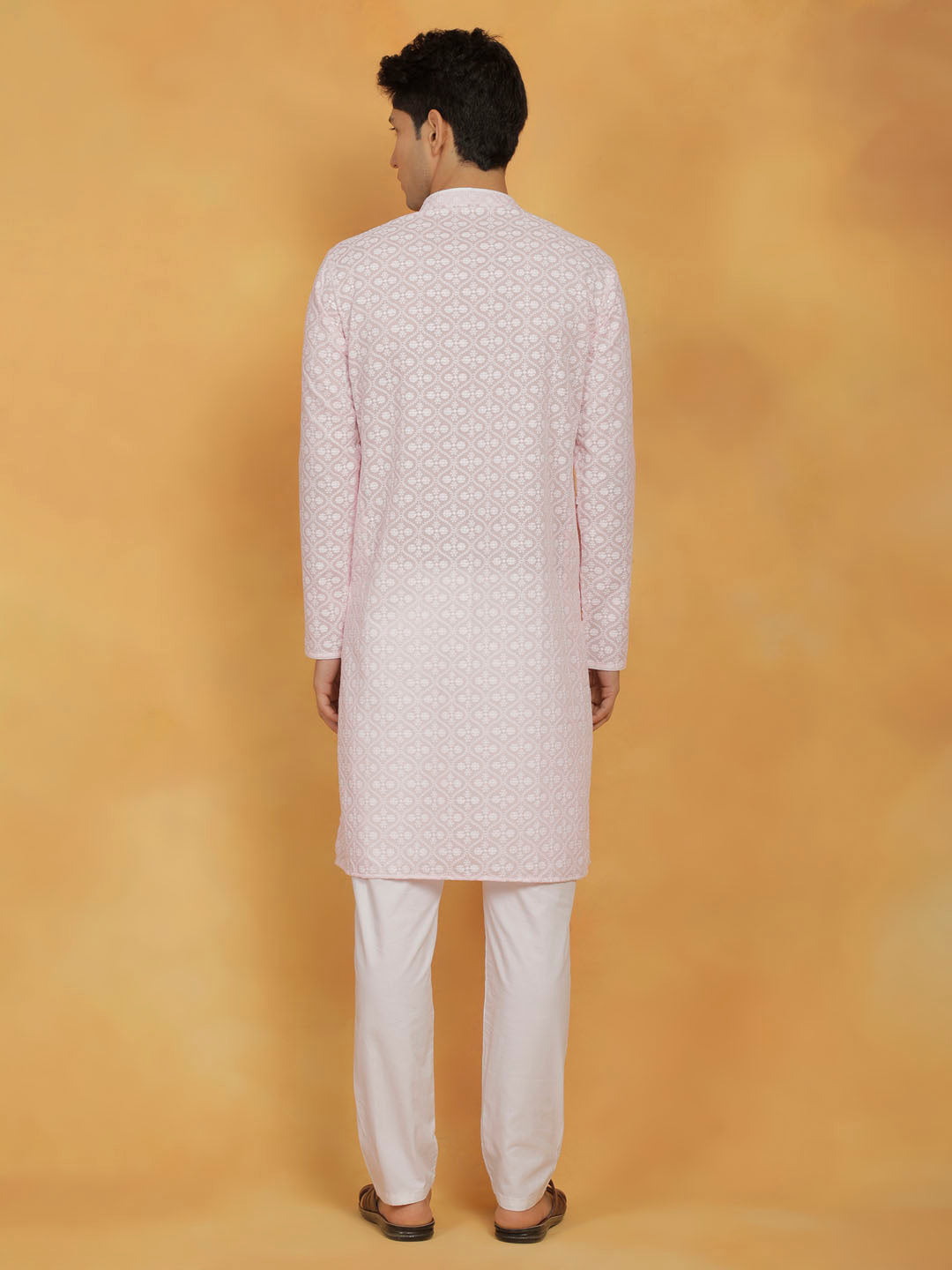 Men's Pink And White Cotton Kurta And Pyjama Set