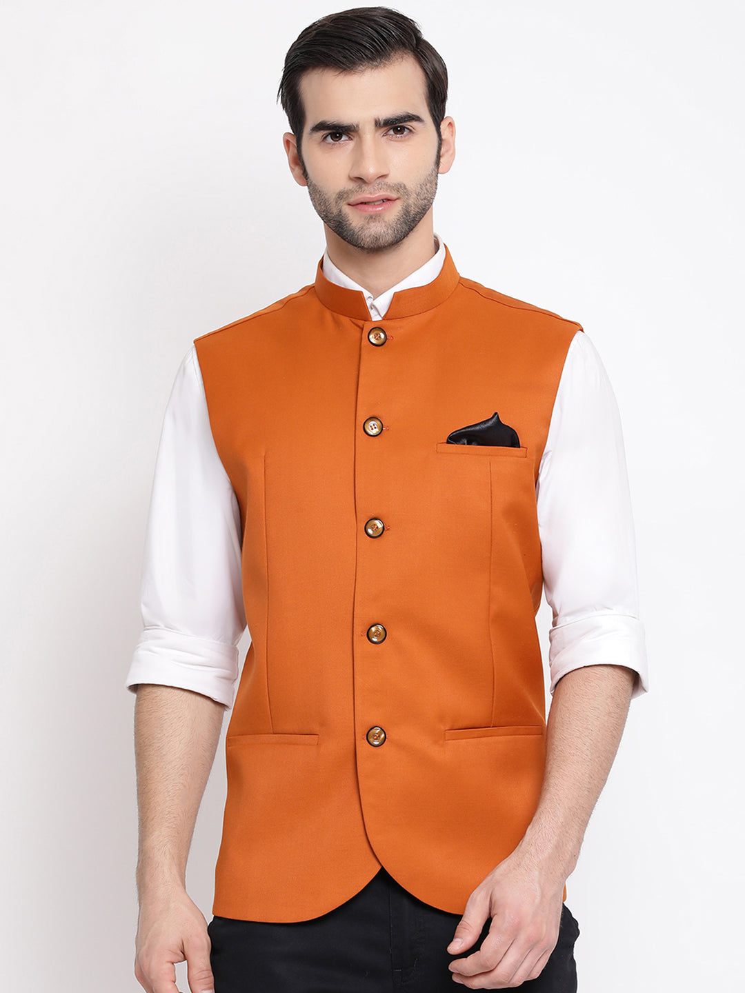 Men's Orange Cotton Silk Nehru Jacket