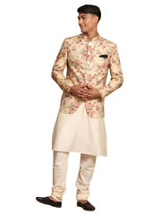 Men's Cream And Brown Viscose Jacket, Kurta and Pyjama Set