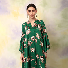 Floral Printed Flared V Neck Kurta Green