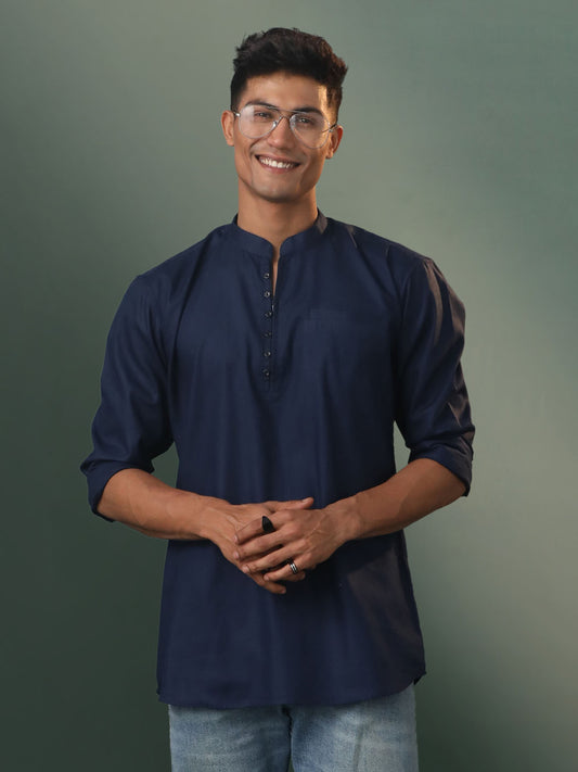 Men's Navy Blue Cotton Short Kurta