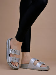 Shoetopia Embellished Silver Flats For Women