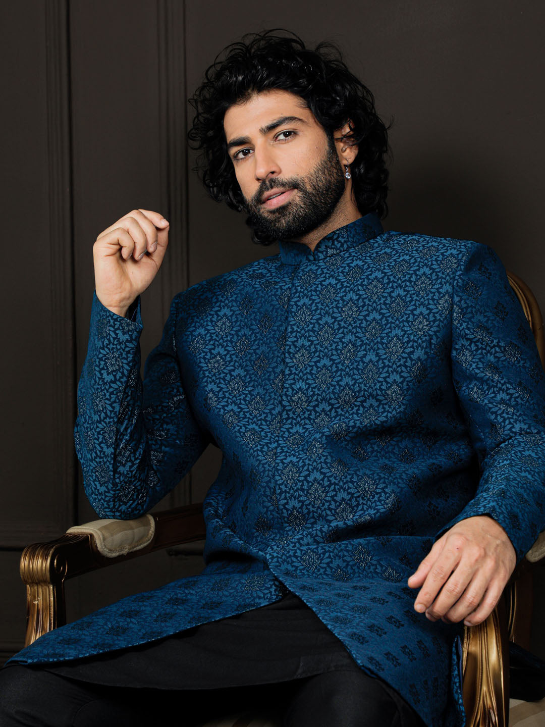 Men's Turquoise And Black Viscose Sherwani Set