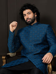 Men's Turquoise And Black Viscose Sherwani Set