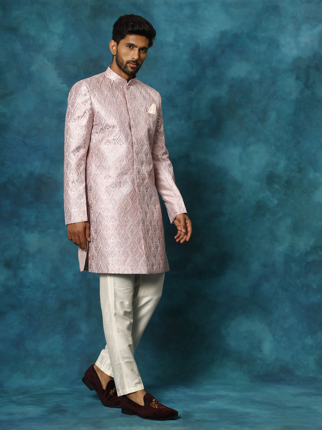 Men's Purple And Cream Silk Blend Sherwani Set