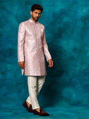 Men's Purple And Cream Silk Blend Sherwani Set