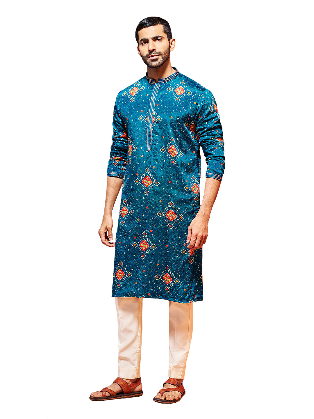 Men's Turquoise Chinon Kurta And Pyjama Set.