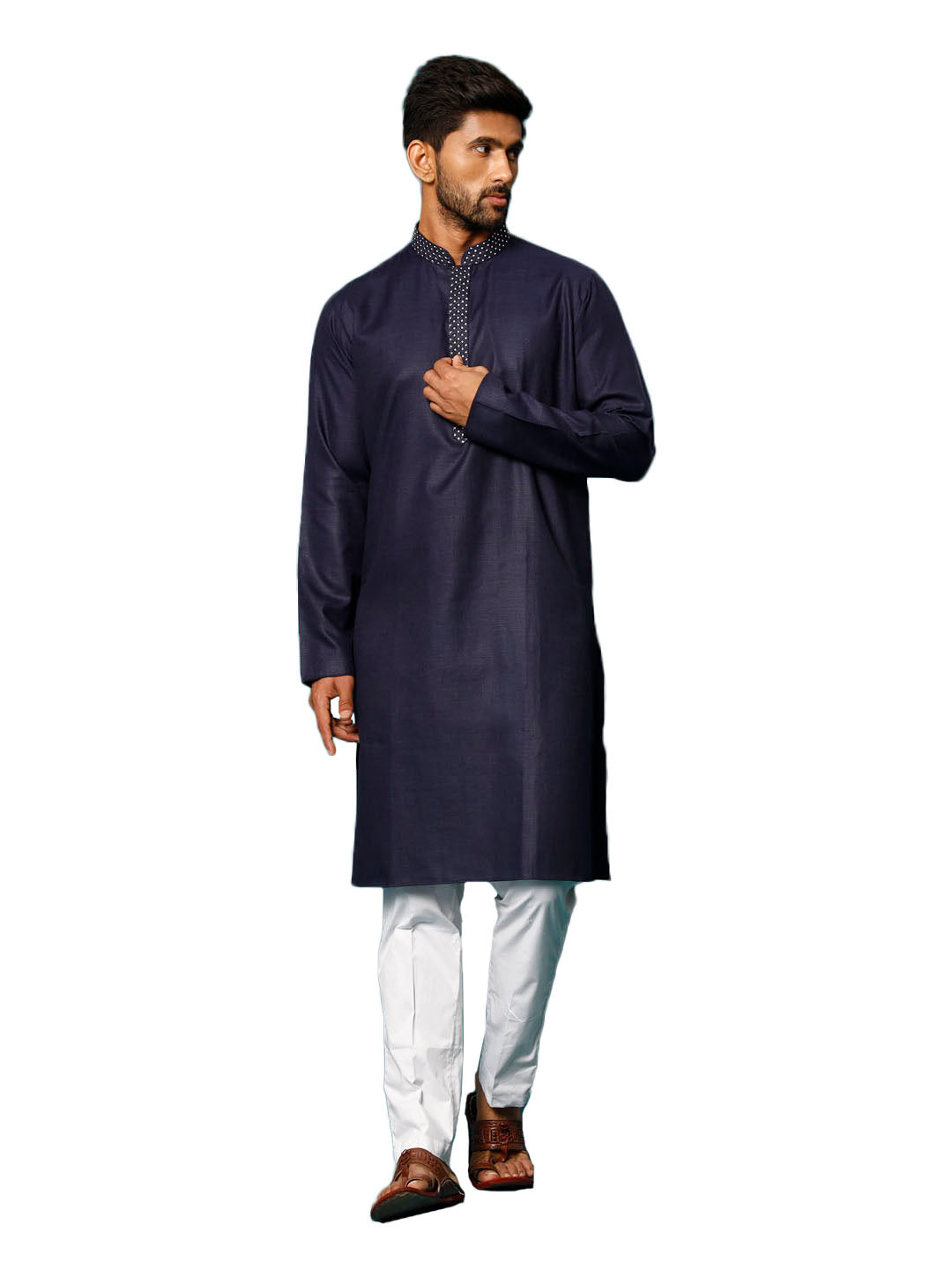 Men's Navy And White Cotton Blend Kurta Pyjama Set