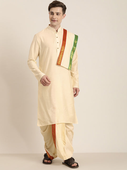 Mens' Cream Cotton Blend Kurta Dhoti And Dupatta