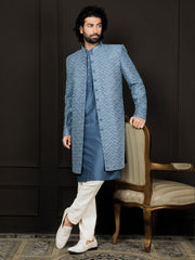 Men's Blue Cotton Blend Sherwani Only Top