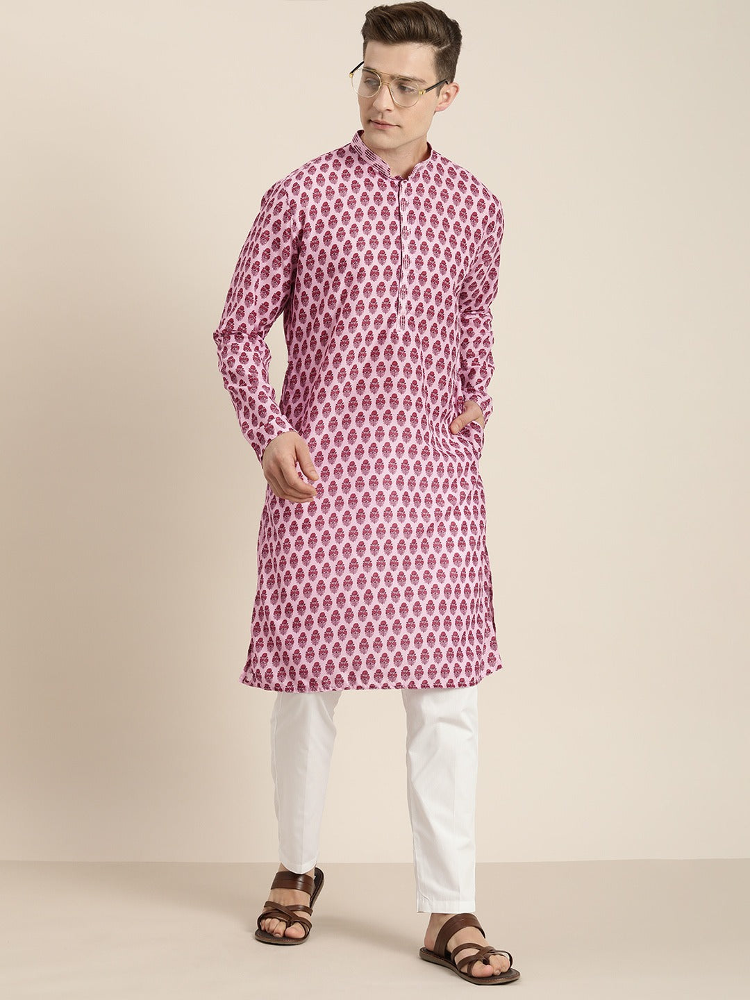 Men's Pink Cotton Blend Kurta