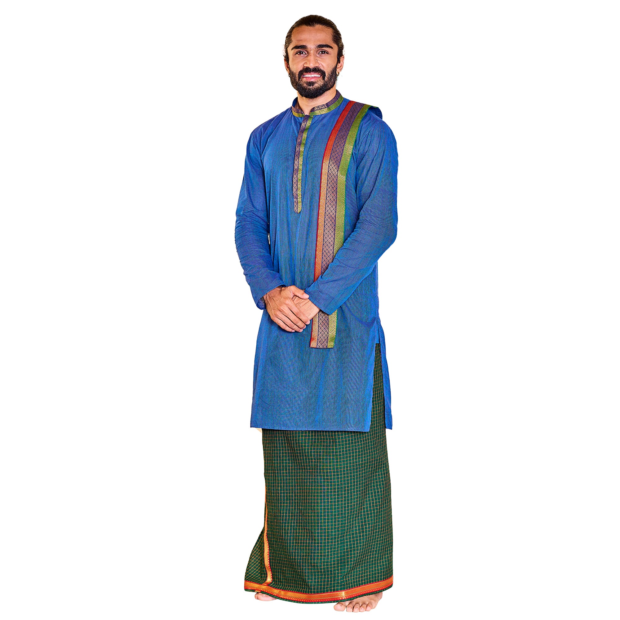 Men's Blue Cotton Kurta Mundu And Dupatta Set