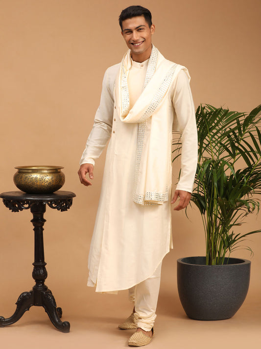 Men's Cream Viscose Blend Kurta Pyjama Set With Dupatta