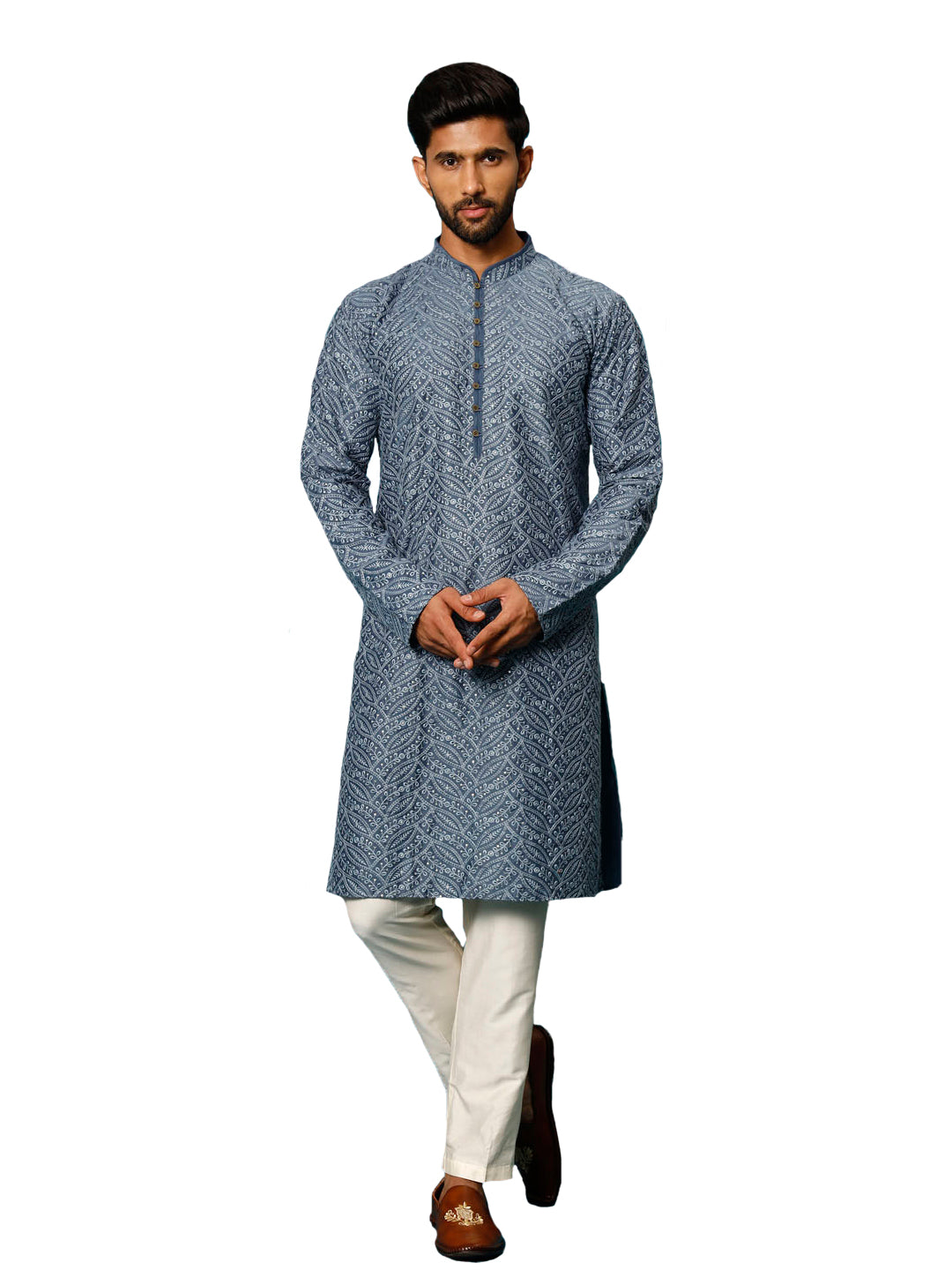 Men's Blue And Cream Rayon Cotton Kurta Pyjama Set