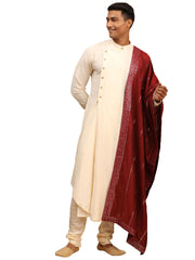 Men's Cream Viscose Blend Kurta Pyjama Set With Dupatta