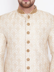 Men's Beige And Gold Silk Blend Sherwani Set