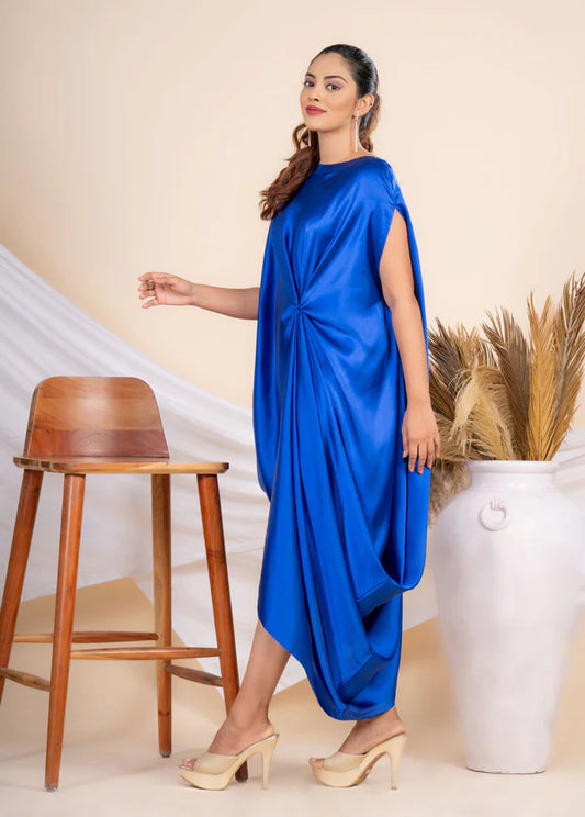 Women Stylist Blue Side Knot Assymetric Satin Cowl Dress