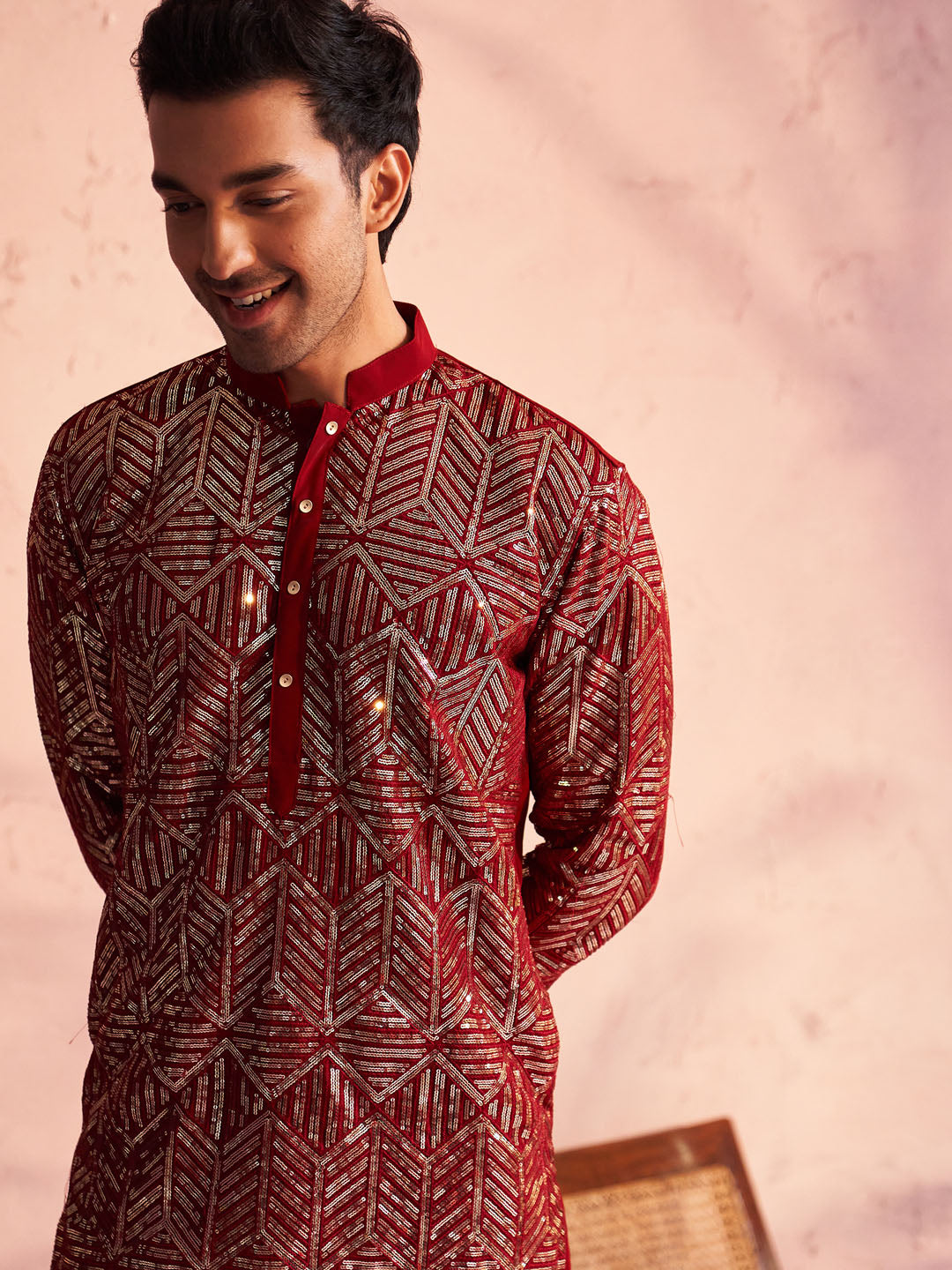 Men's Maroon Georgette Kurta Pyjama Set