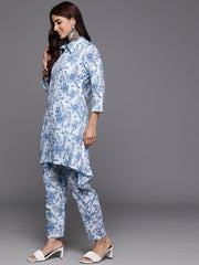 Women Blue Floral Printed High- Low Kurta With Bottom