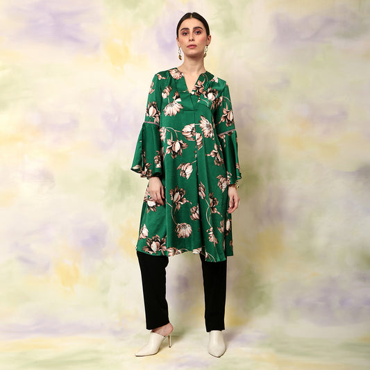 Floral Printed Flared V Neck Kurta Green