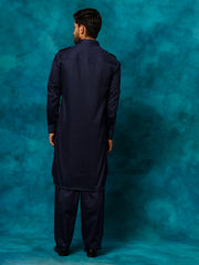 Men's Blue Cotton Blend Pathani Kurta Set