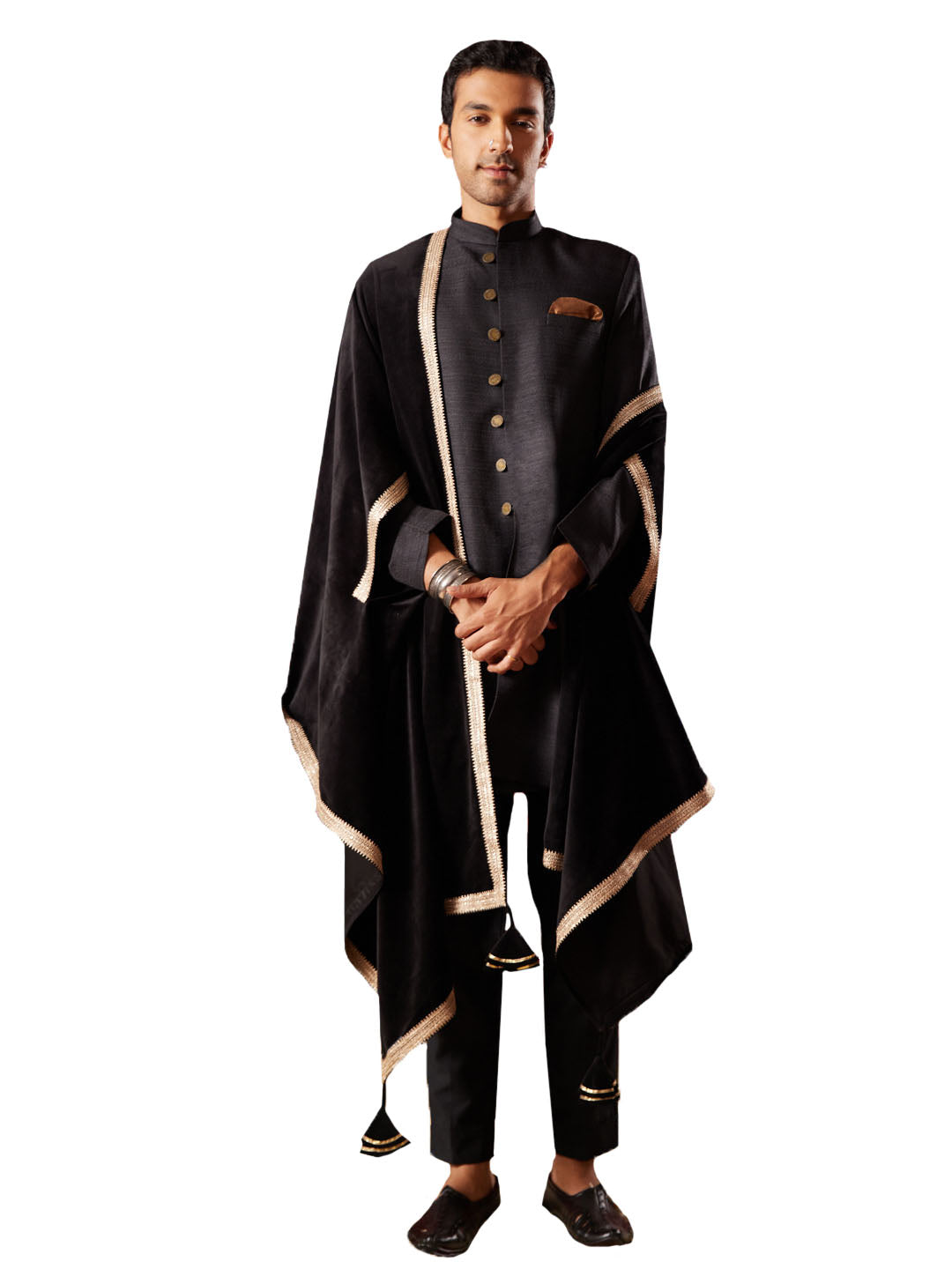 Men's Black Silk Blend Kurta, Pyjama & Dupatta Set