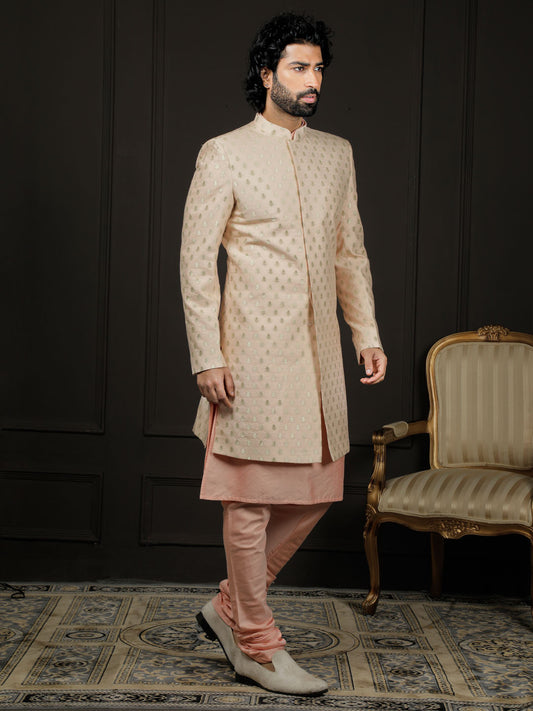 Men's Peach Viscose Sherwani Set