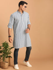 Men's White And Blue Cotton Kurta