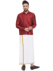 Men's Maroon and White Silk Blend Shirt And Mundu