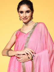 Embroidered Strap Style Kurta Paired With Tonal Sharara And Chiffon Dupatta