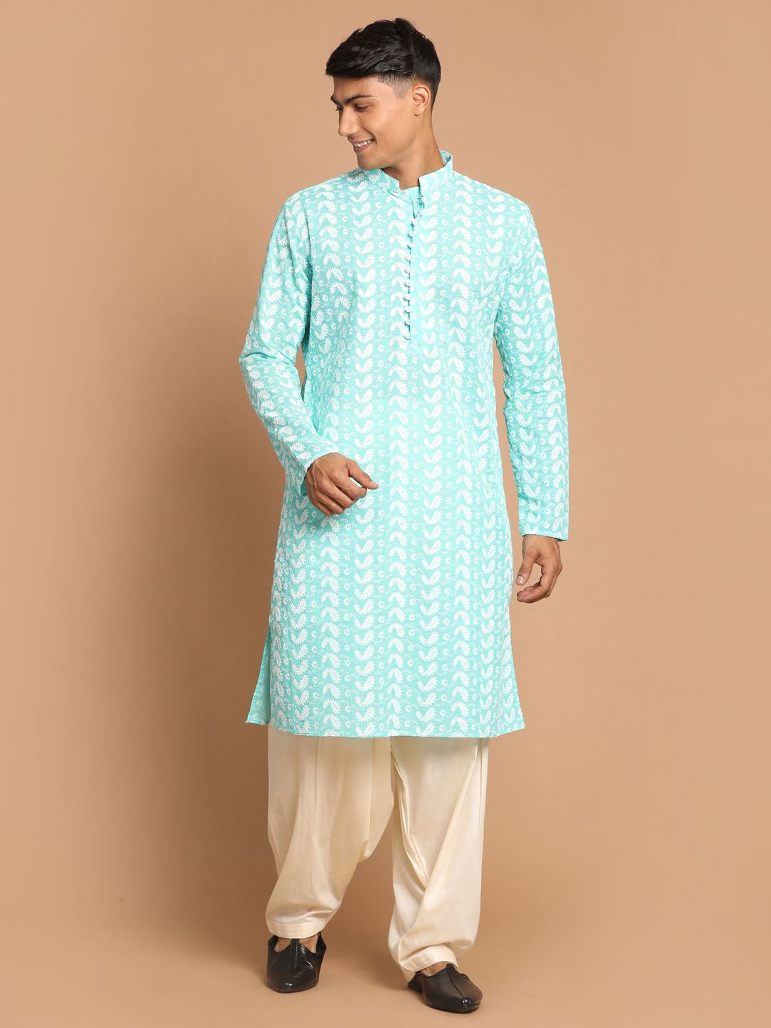 Green and Cream Pure Cotton Kurta and Patiala Set