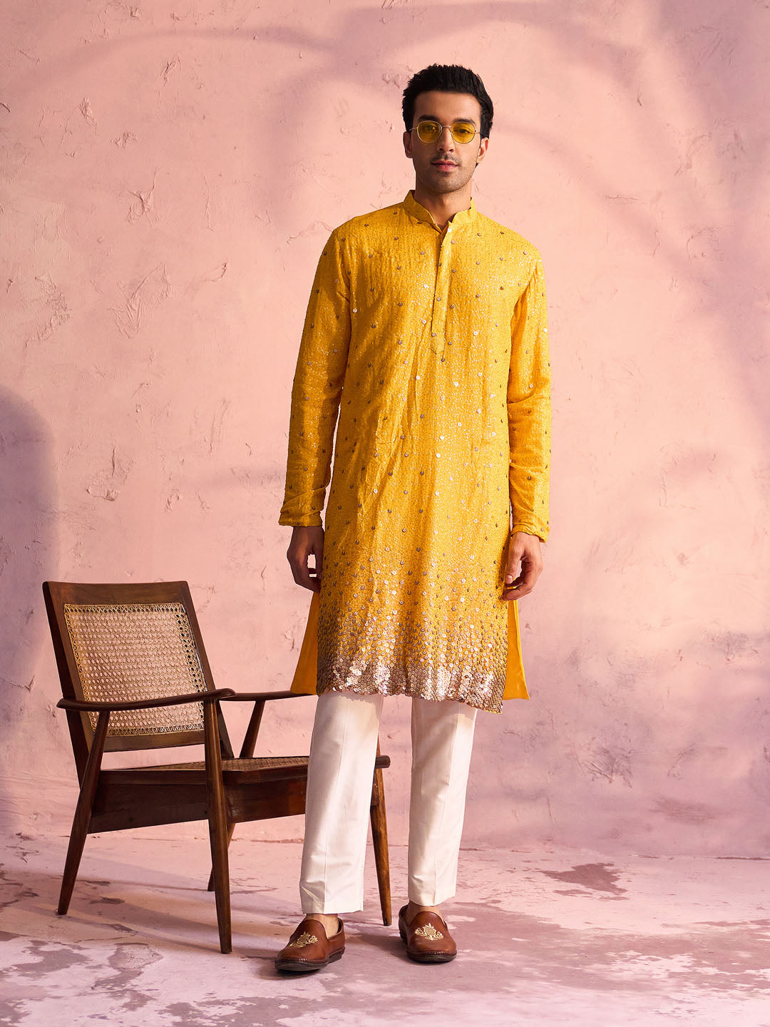 Men's Yellow And Cream Georgette Kurta Pyjama Set