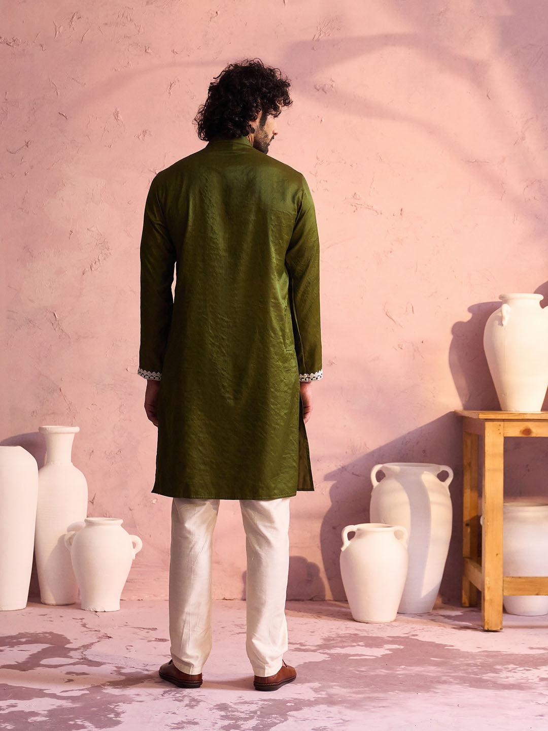 Men's Mehendi Green And Cream Moonga Silk Kurta, Pyjama & Dupatta Set