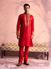 Men's Red And Cream Moonga Silk Kurta Pyjama Set