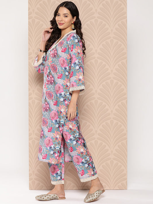 Kalini Women Blue Floral Printed V-Neck, Flared Sleeves Straight Kurta Paired With Tonal Printed Bottom