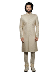 Men's Gold And Cream Silk Blend Sherwani Set