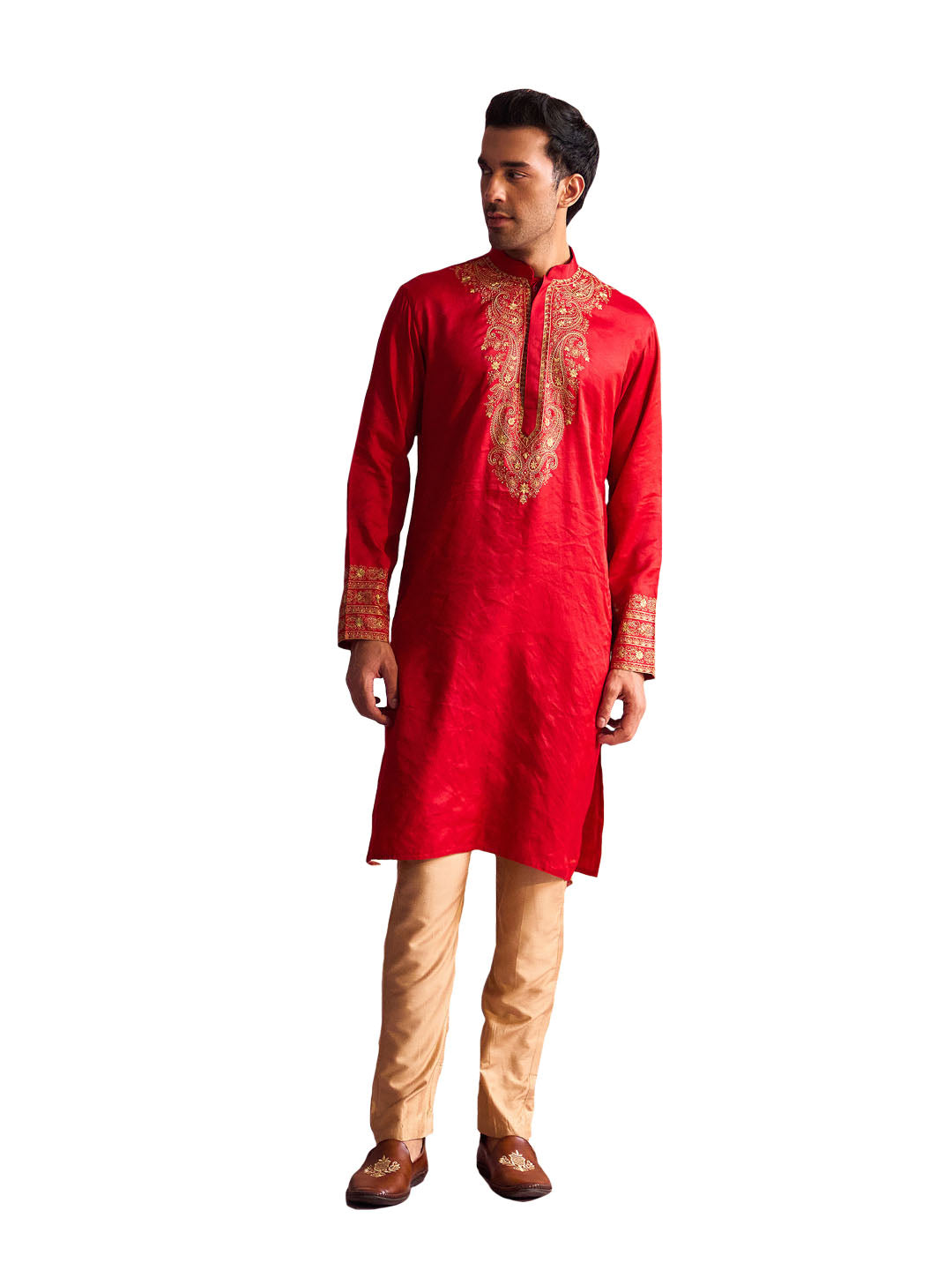 Men's Red And Rose Gold Moonga Silk Kurta Pyjama Set