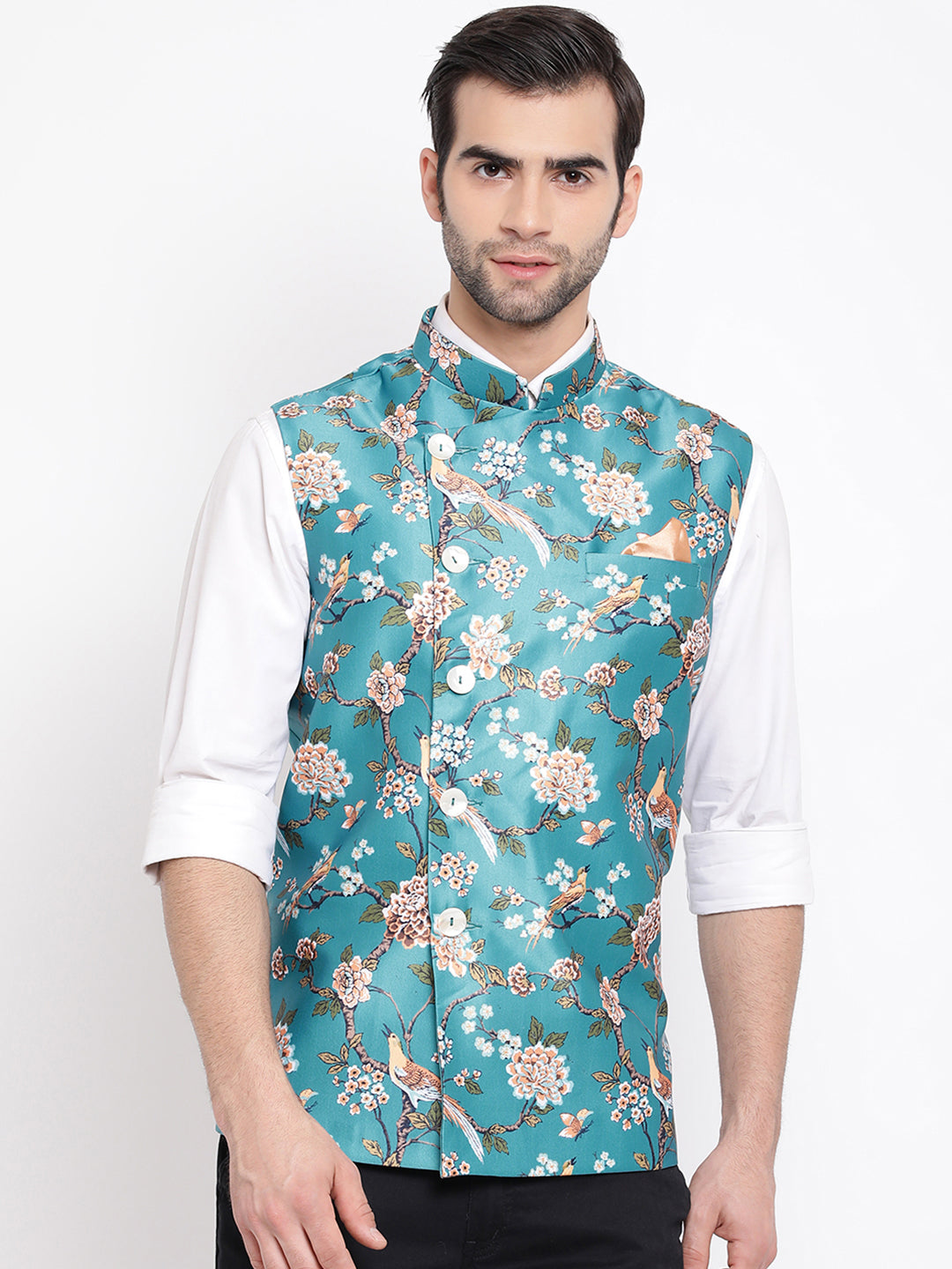 Men's Turquoise Silk Blend Nehru Jacket