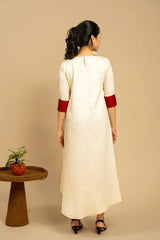 Women Stylish Off White Pure Cotton Assymetric A-Line Dress With Red Flower Patch