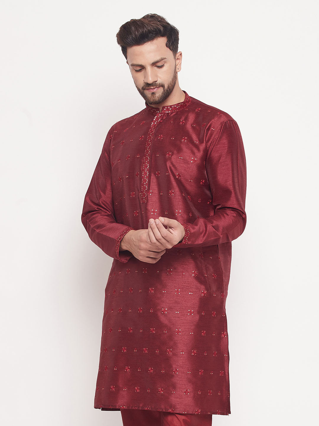 Men Maroon Silk Blend Kurta