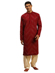 Men's Maroon And Cream Georgette Kurta and Patiala Set