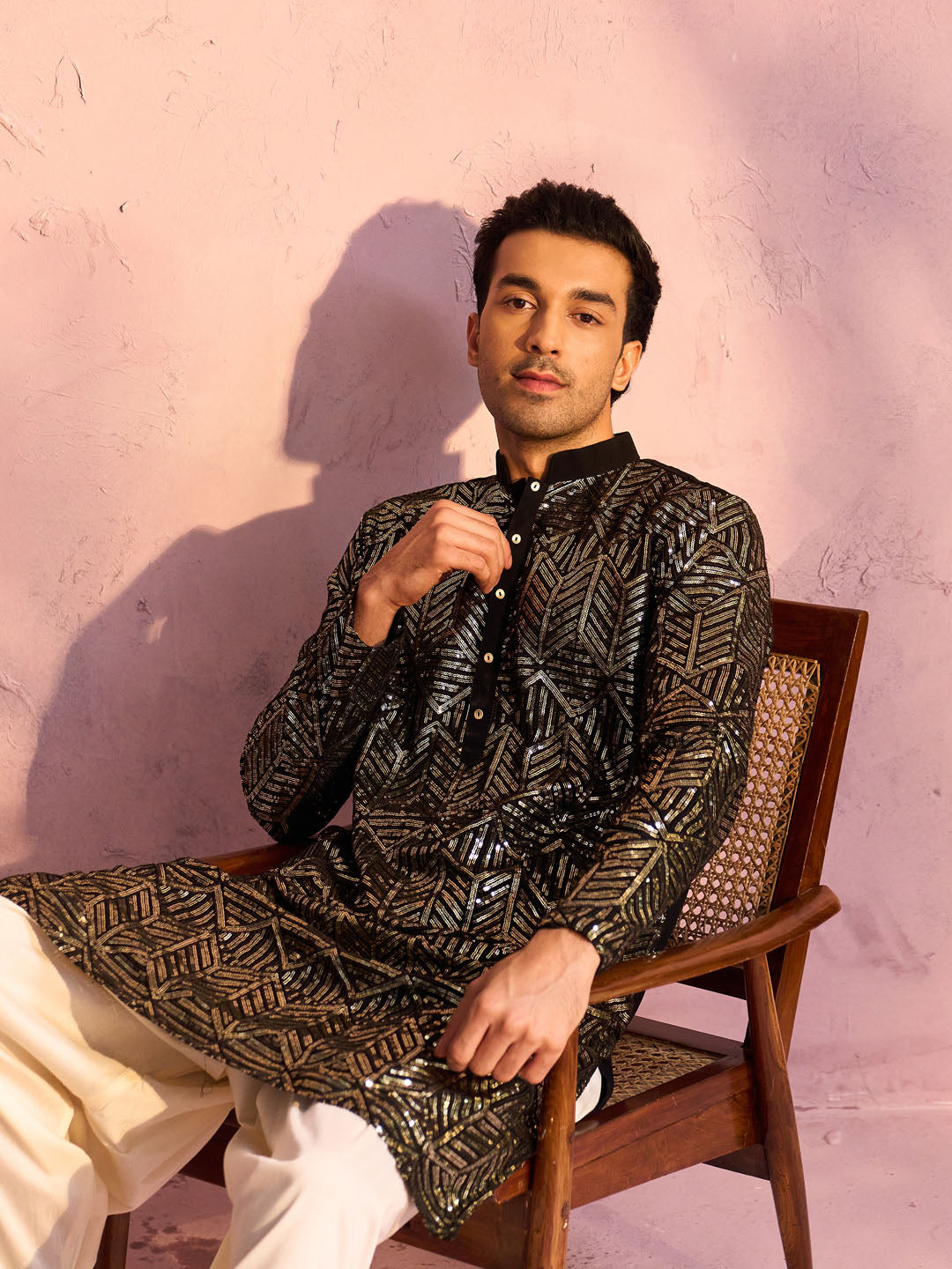 Men's Black And Cream Georgette Kurta and Patiala Set