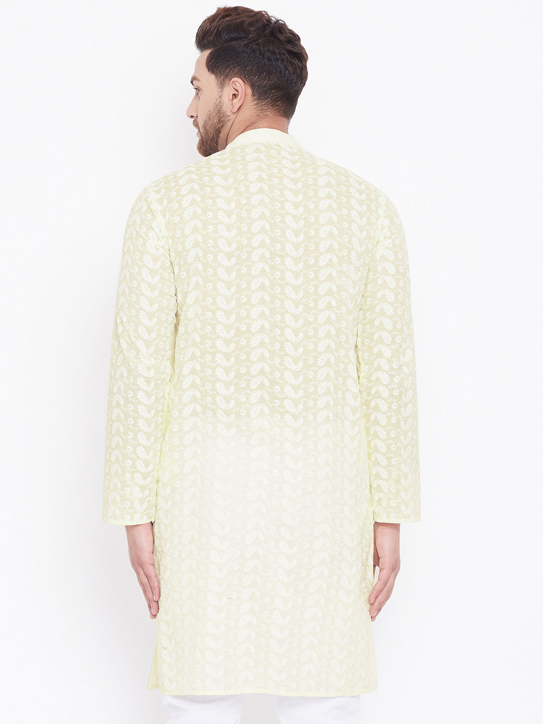 Men's Yellow and White Cotton Kurta