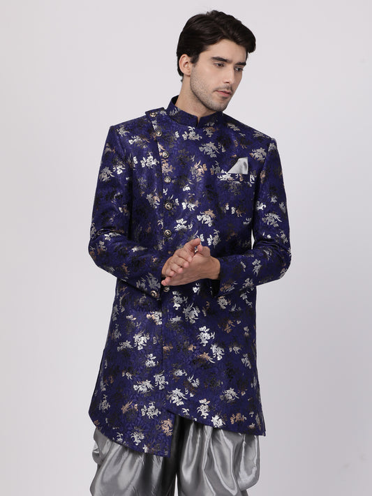 Men's Blue Polyester Lurex Blend Sherwani Only Top