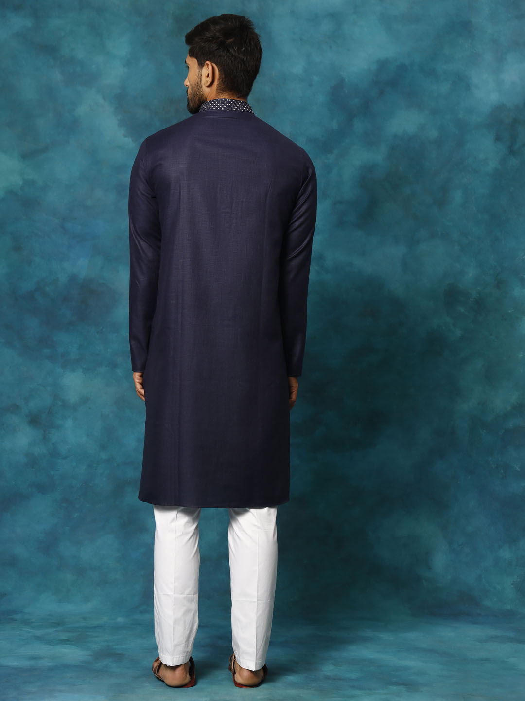 Men's Navy And White Cotton Blend Kurta Pyjama Set