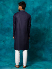 Men's Navy And White Cotton Blend Kurta Pyjama Set